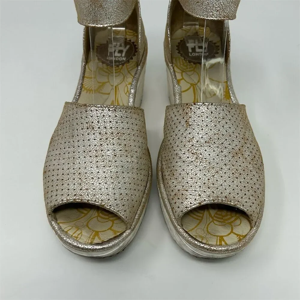 Fly London Women's Gold Wedge Sandals Size 37 (US 6-6.5) Adjustable Strap